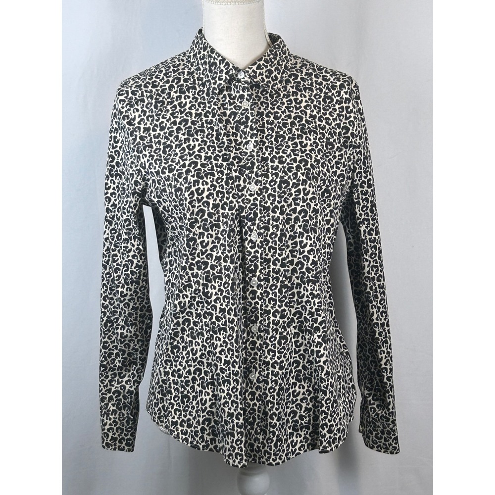 Talbots Button Down Shirt Womens 12P Ivory Black Excellent Leopard Animal Print